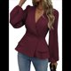 thumbnail image 3 of Camisa Elegante de Larga con Cuello en V, Doble Botonadura y Volantes en Color Liso para Mujer Vino Tinto M, 3 of 10