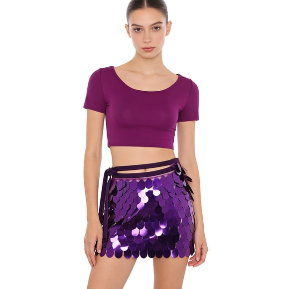 TTAO Women's Belly Dance Sets Round Neck Short Sleeve Top with Sequin Hip Scarf Rave Outfits Purple M
