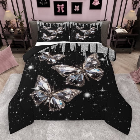 Castle Fairy Crystal Butterfly 2Pcs Bedding Comforter Set for Teens Girls Women Bling Splash Glitter Twin Comforter Sets Dreamy Princess Breathable Bedding Set Ultra Soft Home Decor