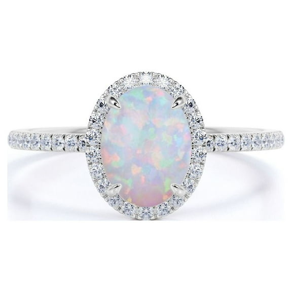 JeenMata Antique 1.5 ct Oval Cut Lab Created Opal and Moissanite Halo Promise Ring in 18k White Gold over Silver