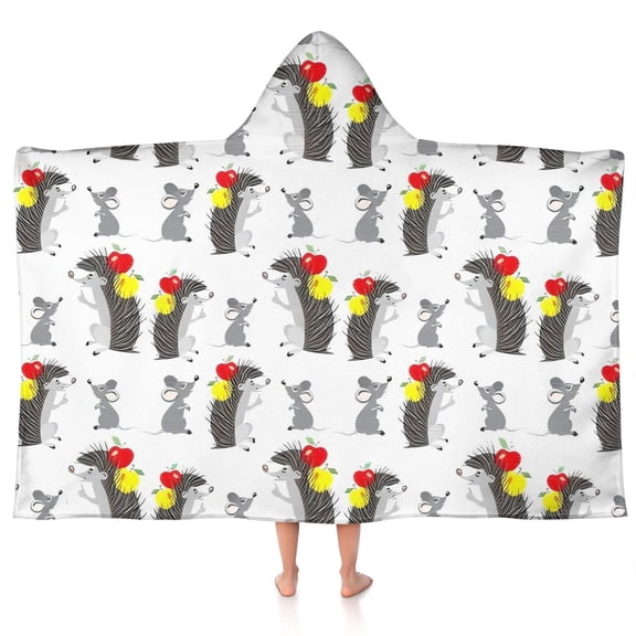 Cute Hedgehog Apple Hooded Bath Towel,50"x30" for Ages 3 To 12 Kids, Quick Dry Lightweight Soft Microfiber Hood Beach Towel Cover Up for Kids