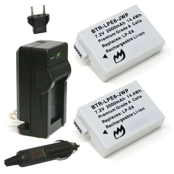 Replacement for Canon LP-E8 Battery (2-Pack, 2000mAh) and Charger with Car Adapter