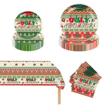 Christmas Ugly Sweater Party Supplies Xmas Decoration Dinnerware Set Paper Plates Napkins Tablecloth Christmas Plastic Table Cover Ugly Sweater Elements for Christmas New Year Party Supplies Serves 24