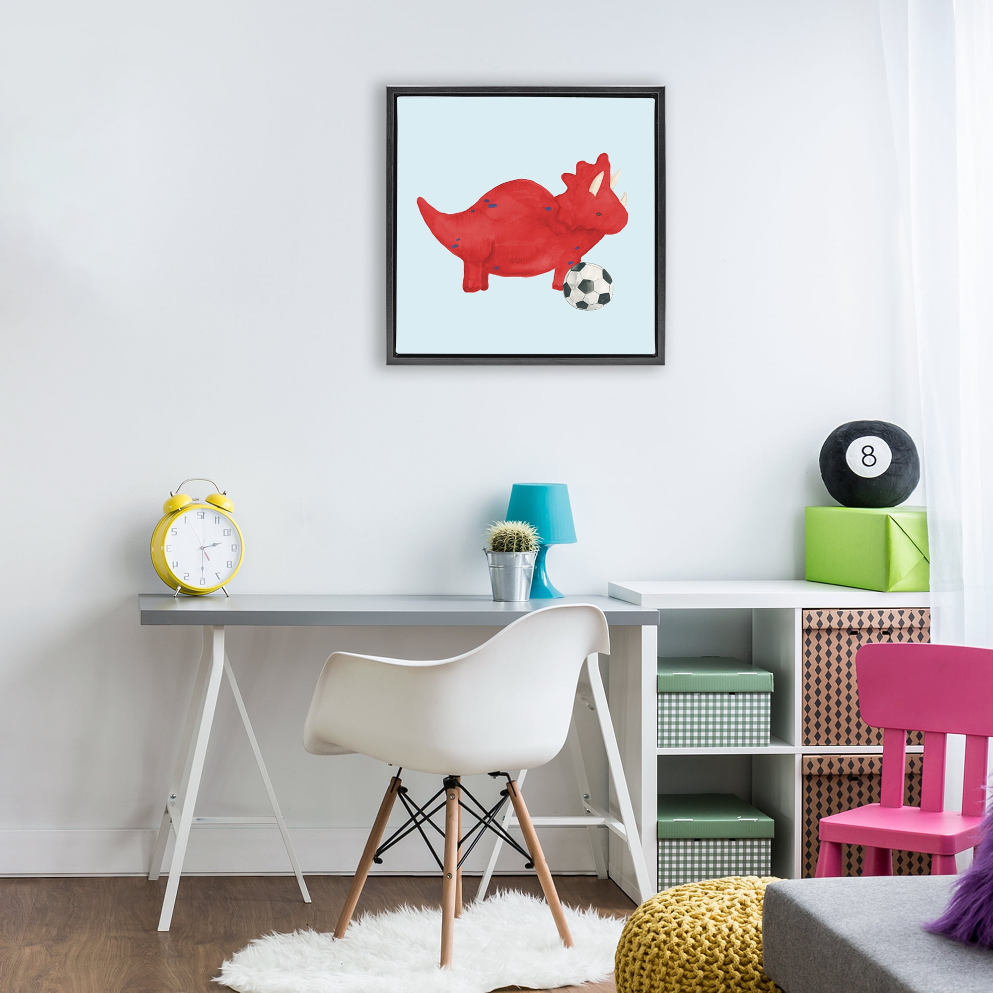 Stupell Industries Baby Dino with Ball Black Framed Floater Canvas Wall Art, design by Lucille Price