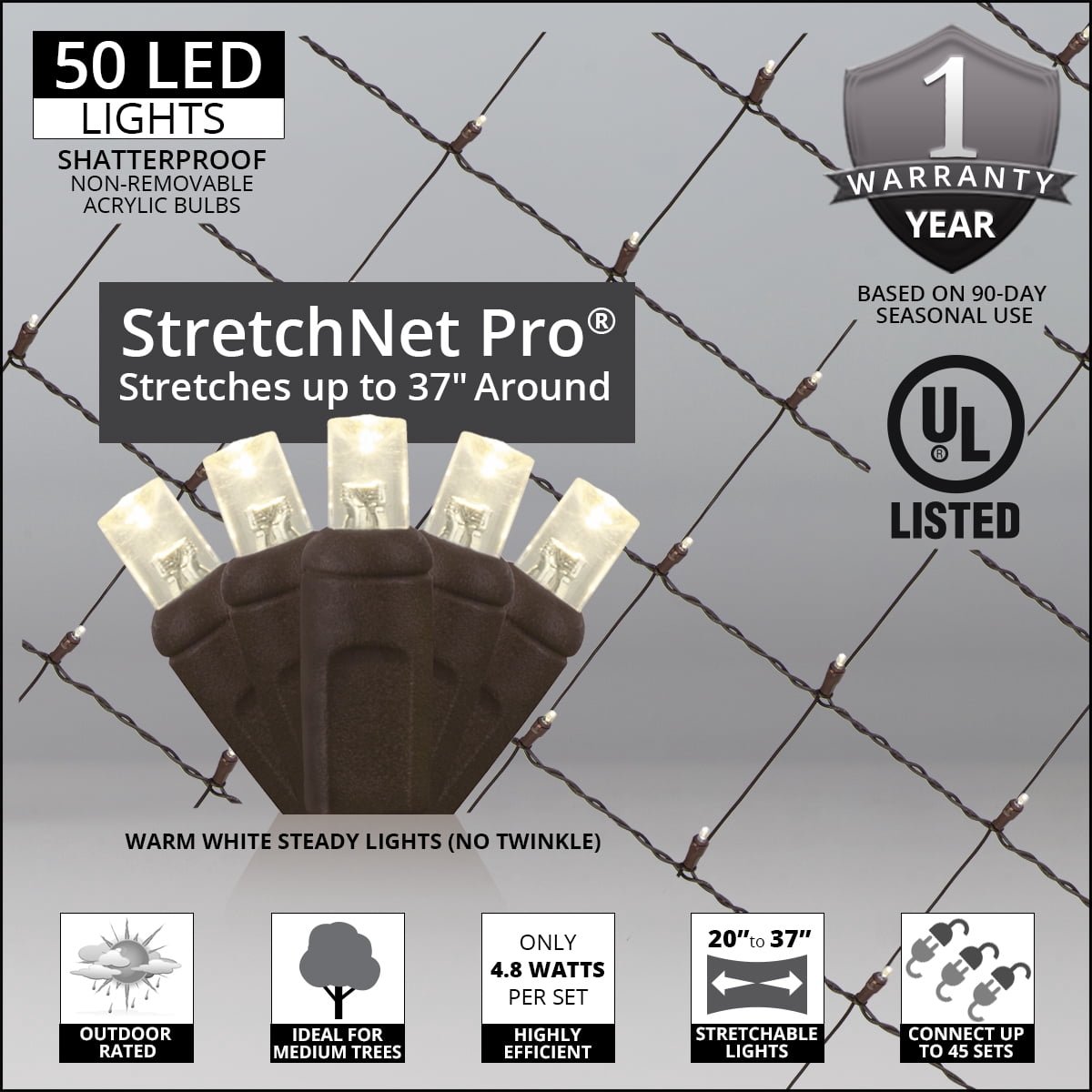 StretchNet Pro Expandable Warm White Trunk Wrap Lights Christmas Net Lights, Tree Wrap Lights (50 Lights, 20" x 45" Net, Brown Wire)