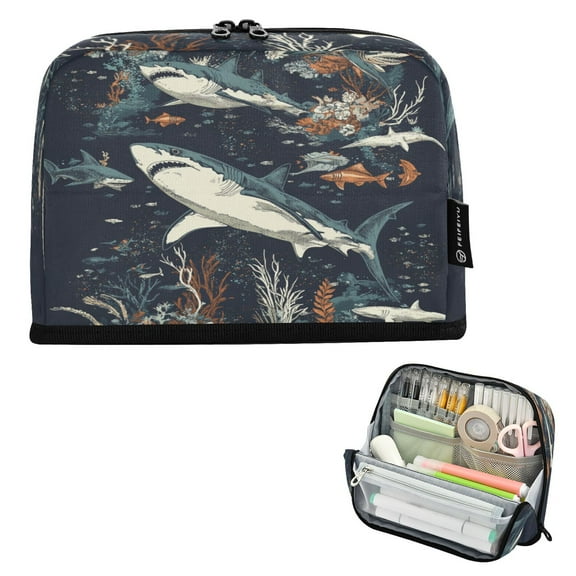 Standing Pencil Case with Base Large Capacity Stationery Pouch Pen Bag with Zipper for Women Men Sharks and Sea Creatures