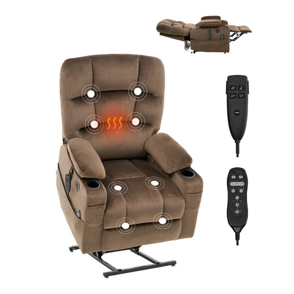 KFFKFF Electric Lift Chair Recliner, Reclining Chair with Warming and Massaging Features for Seniors, Dual Engine Reclining Chair, Unlimited Positioning Power Recliner (Large, Brown)