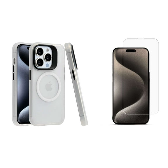 Bemz Phone Case for iPhone 15 Pro with Tempered Glass Screen Protector, Shockproof Protection Magnetic Wireless MagSafe Ring Silicone Cover (Clear White)