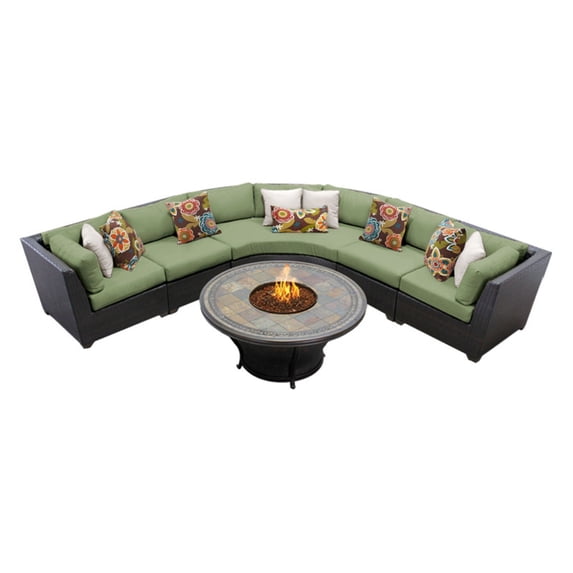 TK Classics Barbados Wicker 6 Piece Patio Conversation Set with Fire Pit Table and 2 Sets of Cushion Covers