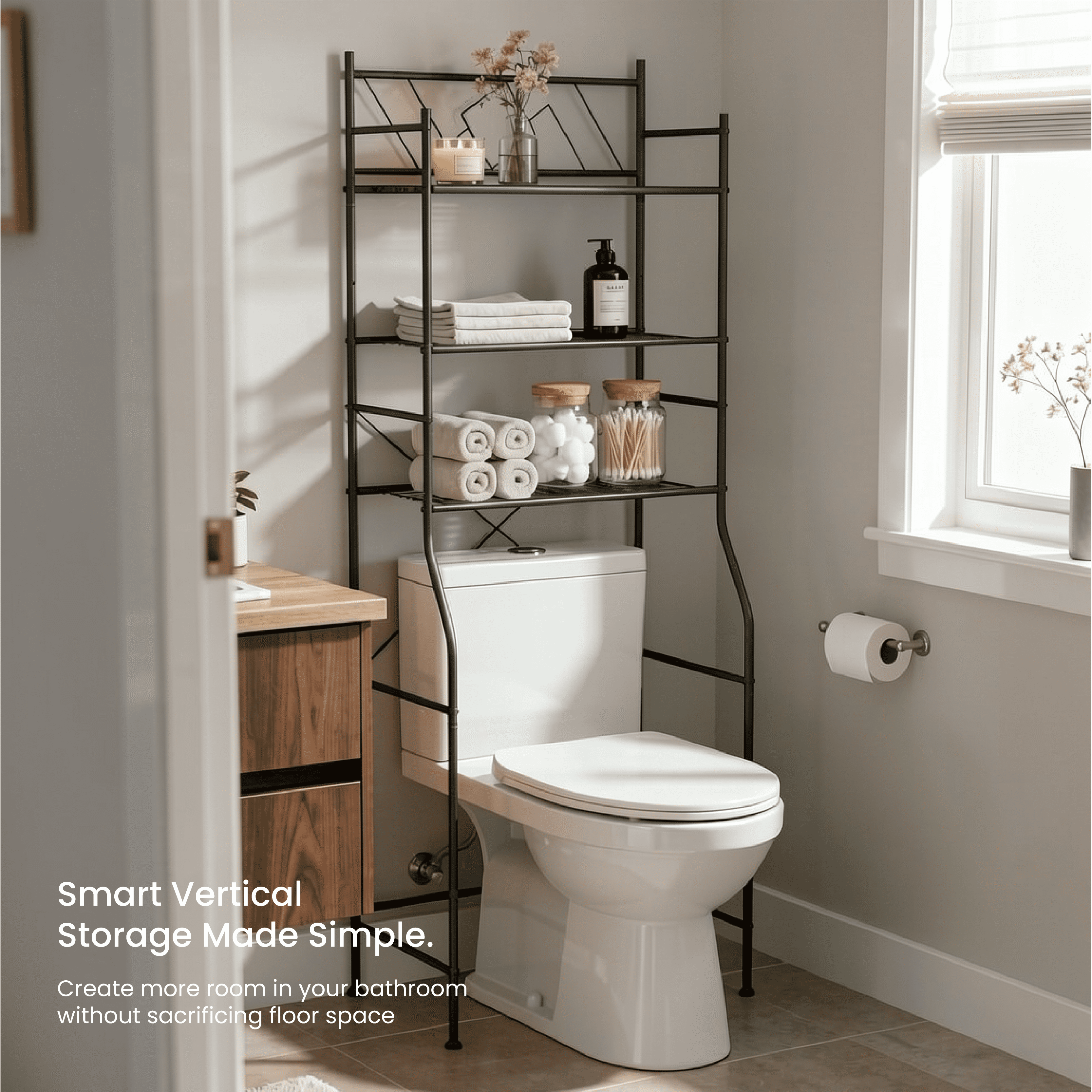 Home Zone Living 3-Tier Over the Toilet Bathroom Storage Organizer with Wide Stabilizing Base, Matte Black
