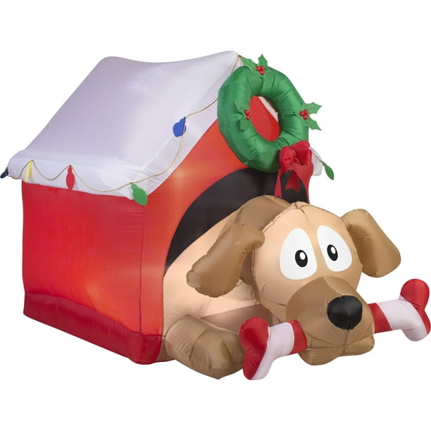 Airblown Inflatables Animated Dog in Presents with Candy Cane Bone