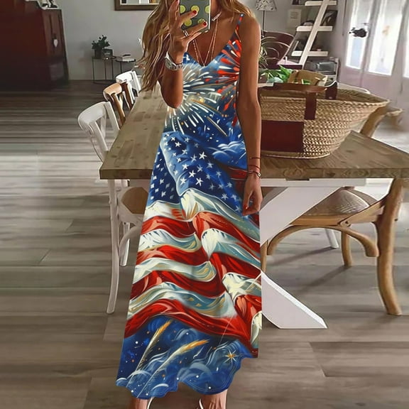 CFLVAEK 4th of July Dress Women Novelty Stars Stripes Print Dresses Loose Fitted Spaghetti Straps Cami Maxi Dress Plus Size V Neck Sleeveless Sundress M