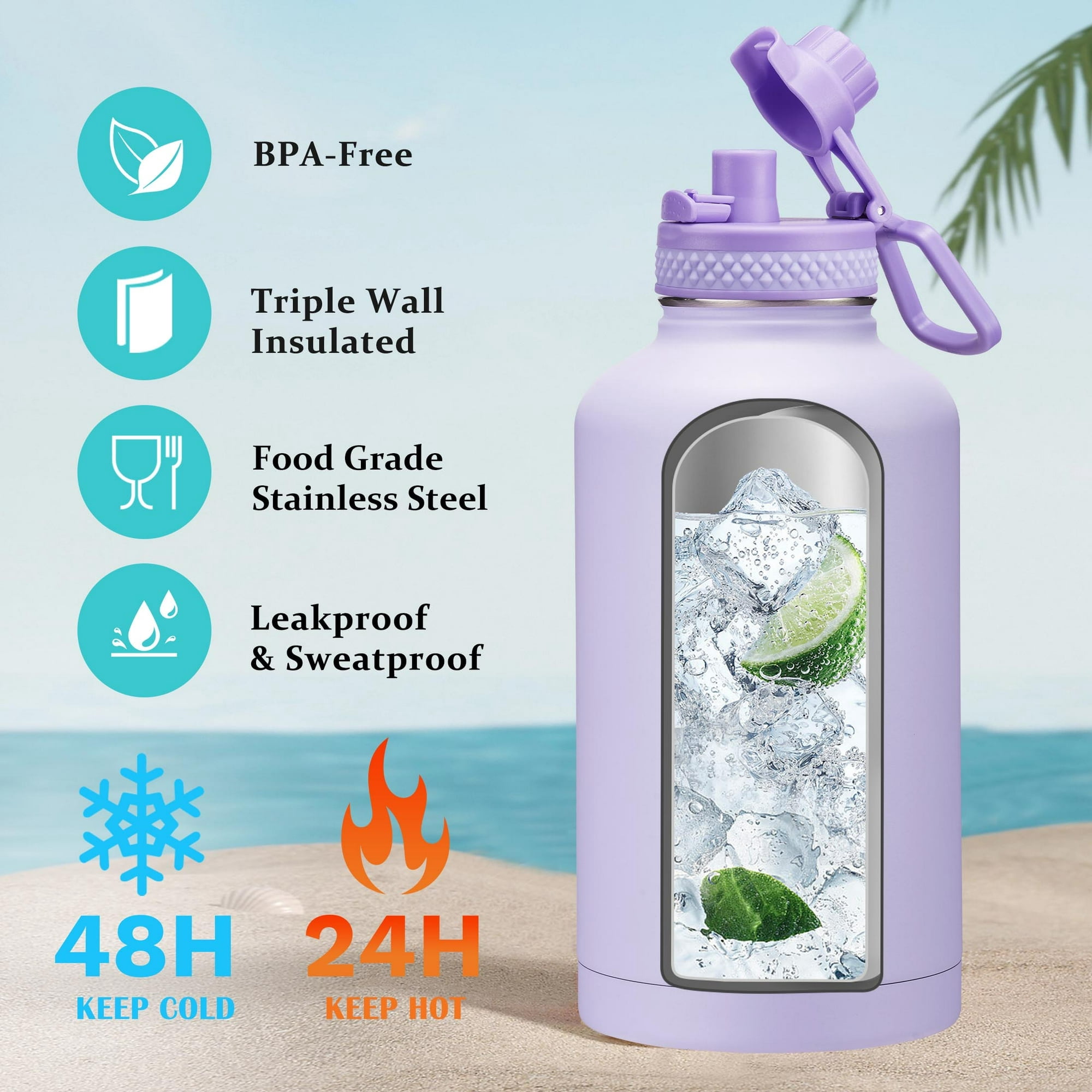 Half Gallon Water Bottle with Straw - Chug Lid, Paracord Handle, Silicone Boot, Keep Ice Cold-48H, Metal Insulated Flask Sports Water Bottle 64 oz for Women