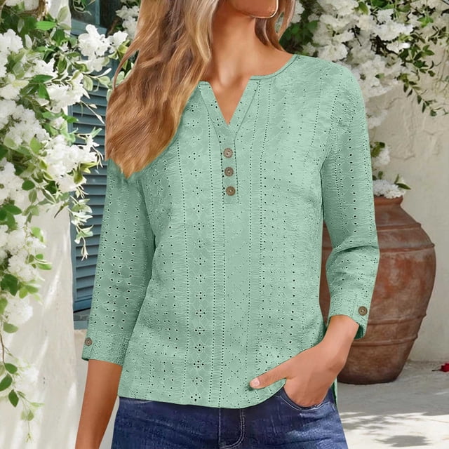 TaTaai Women's V Neck Button Three Quarter Sleeve Solid Color Jacquard Casual Blouses Loose Pullover Comfortable Tops for Spring Winter Daily Outfits Gift