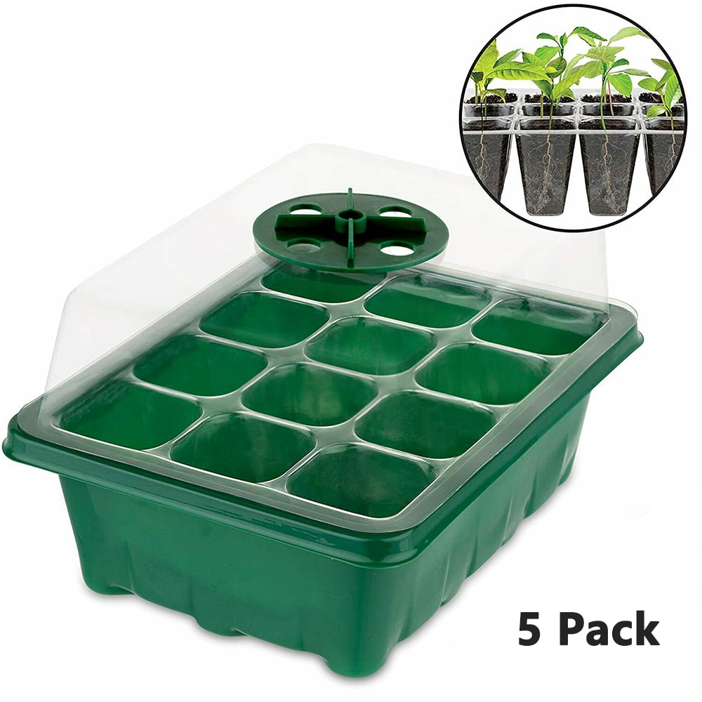 Seed Trays Seedling Starter Tray 12 Cells per Tray Mini Seed Propagator Kit for Indoor Greenhouse Seeds Growing Starting 5-Pack Plant Starter Trays with Adjustable Humidity Dome and Base 