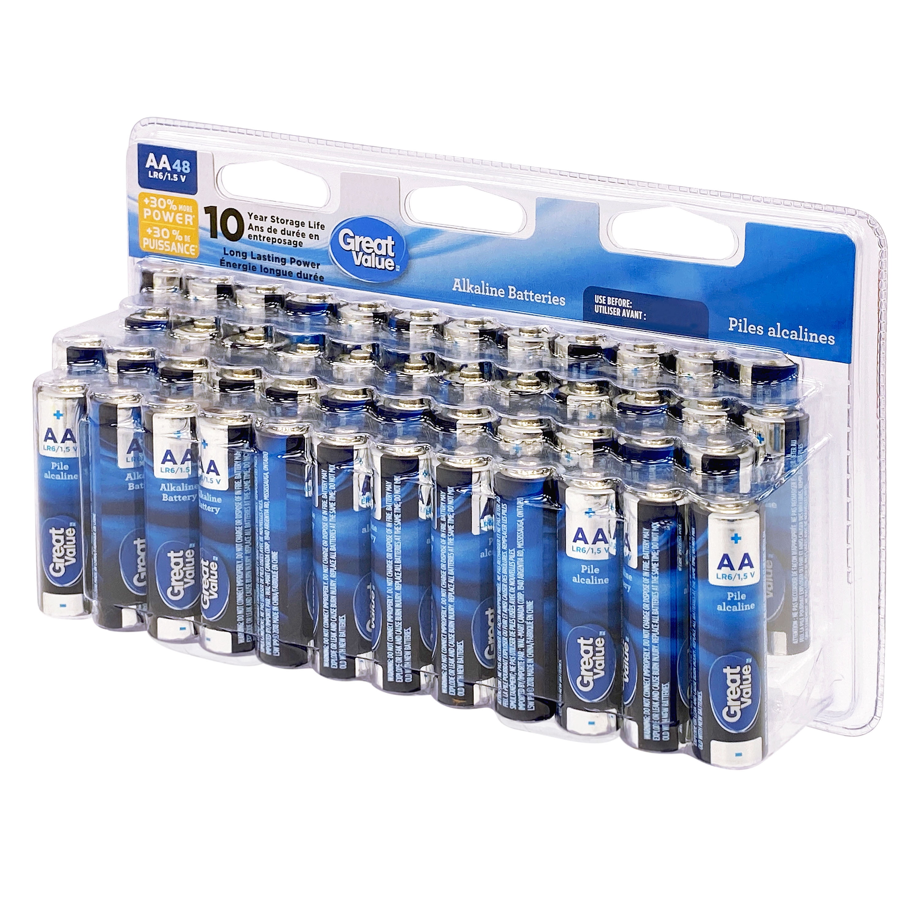 Great Value AA LR6/1.5 V Alkaline Batteries 48-Pack, 10-year storage life, Long lasting power guarantee