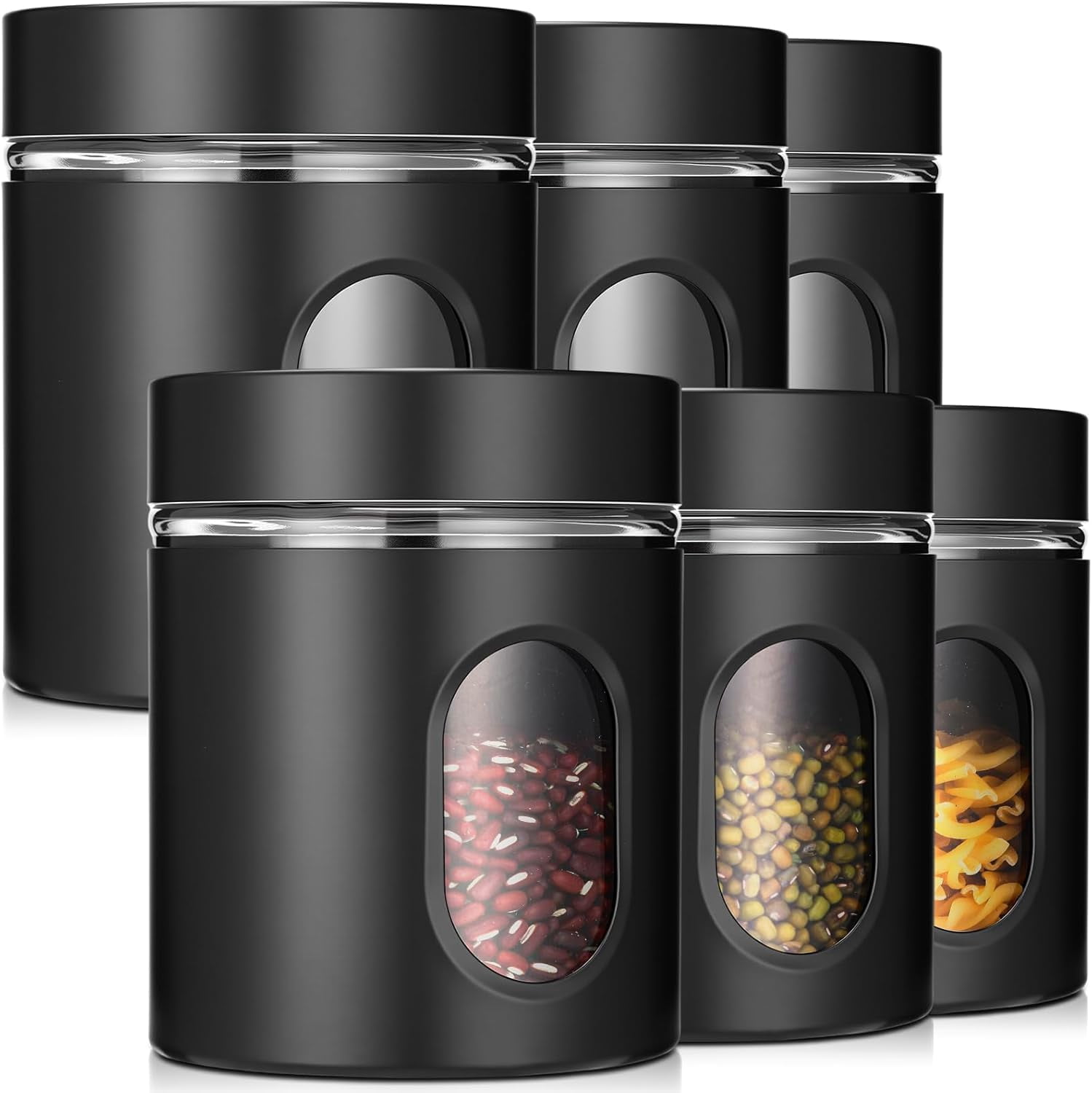 6 Pack Kitchen Canisters Set 20 oz Airtight Stainless Steel Canister Food Storage Container with Window Glass, Coffee Sugar Candy Jars Tea Organizer for Flour Cookies Spices Grains Kitchen(Red)
