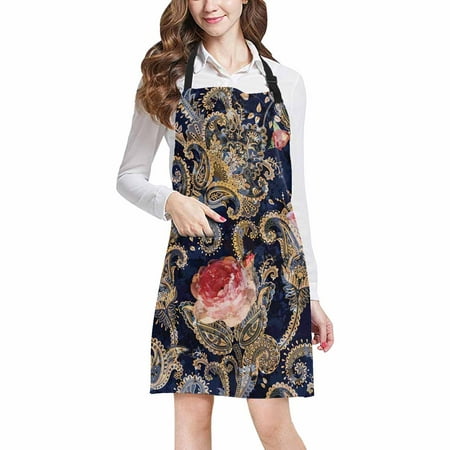 

SUNENAT Colorful Paisley and Flowers Roses Indian Style Adjustable Bib Apron with Pockets - Commercial Restaurant and Home Kitchen Adjustable Apron