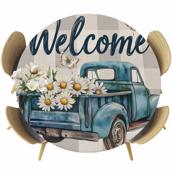 Daisy Butterfly Table Cloth, Round Fitted Tablecloths with Elastic Edge, Blue Floral Truck Pastoral Grey Check Wipeable Waterproof Table Cover for Kitchen Wedding 36-44 Inches