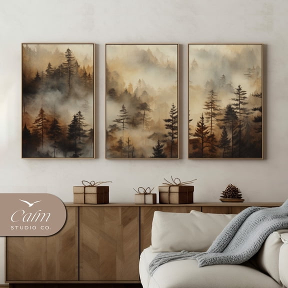 UNFFRAMED Luvia Autumn Misty Forest Wall Art Set of 3 Foggy Morning Landscape Prints Rustic Seasonal Decor Set 3 Prints 8x12