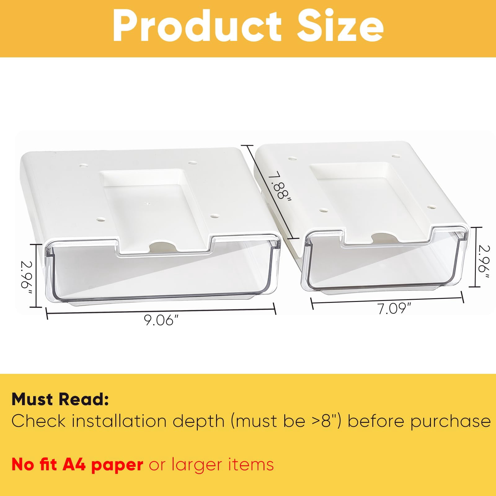 2 Pack Under Desk Hanging Drawer Slide Pull Out  Attachable Clear Storage Tray Easy Self Adhesive Mount Cabinet Shelf Holder For Tables Home & Office Counters Workstation