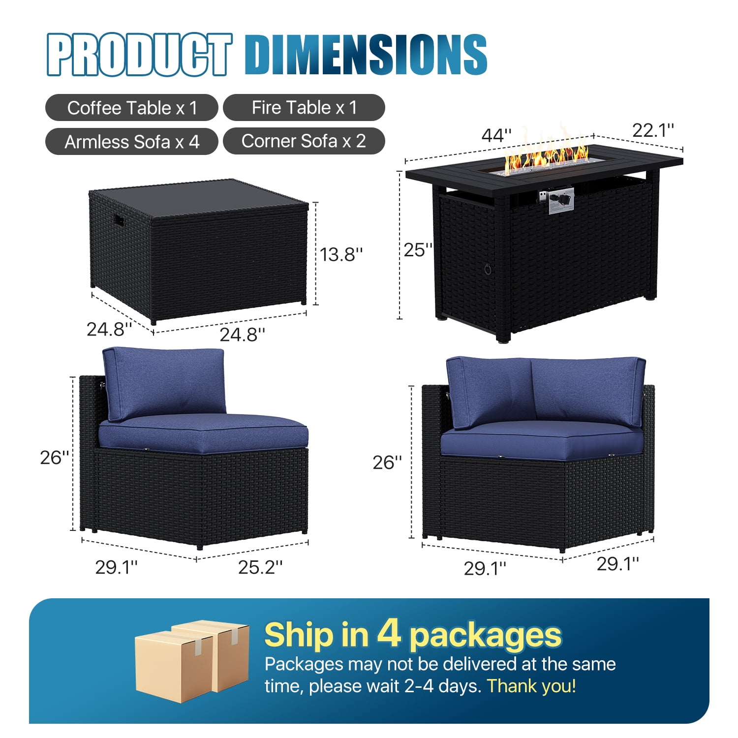 Sunmthink 8 Tempered Glass Waterproof Outdoor Conversation Sets with Sofa and Table, Blue