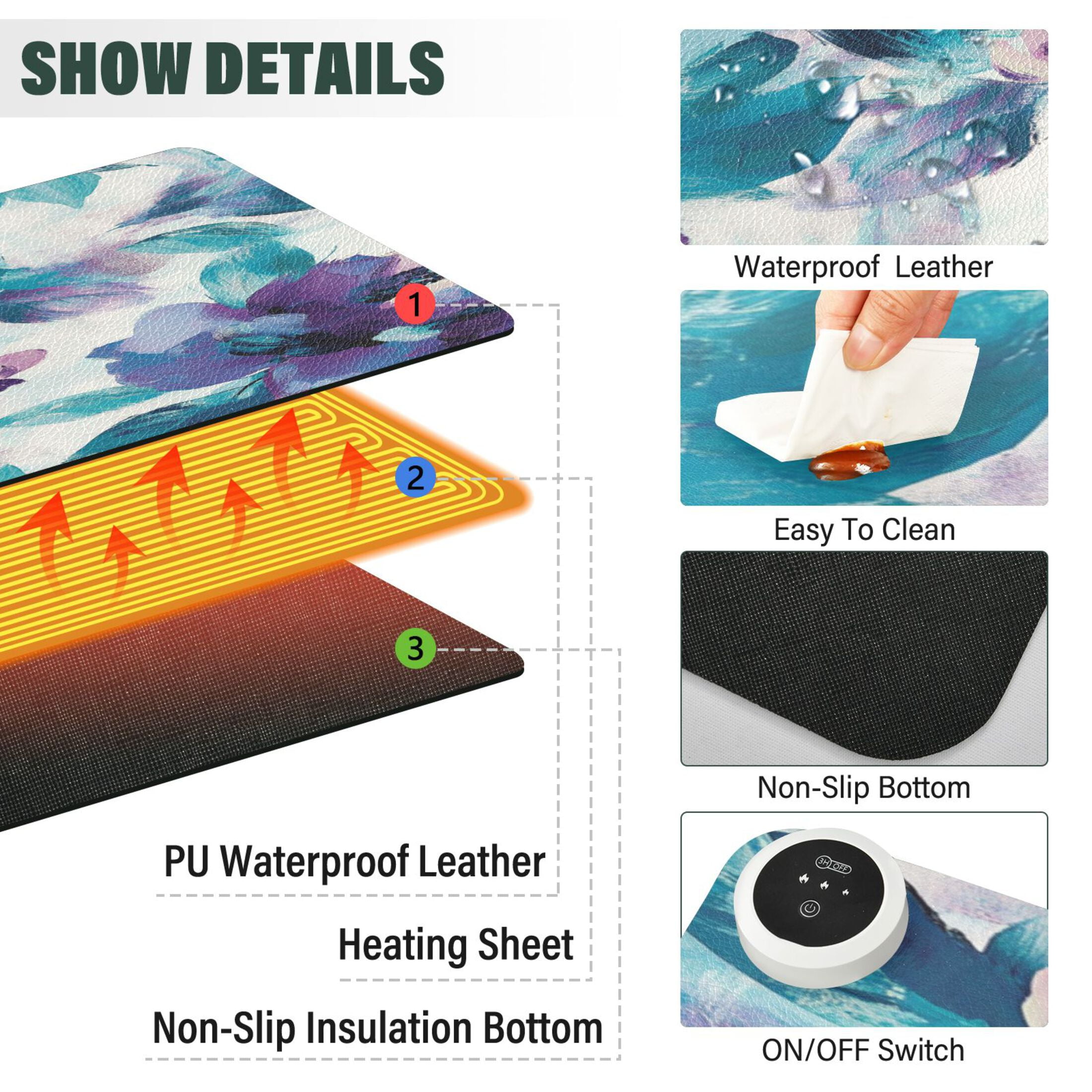 Wobogo Purple Green Flora Heated Mouse Pad Extra-Large Desk Mat With 3 Heating Levels and 3-hour Auto Shut-Off Protection Ideal for Computer Keyboards Home Office Hand-warming Essential 31.5in × 13in
