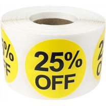 Yellow 25% Percent Off Stickers for Retail, 1.5 Inch Round, 500 Labels on a Roll