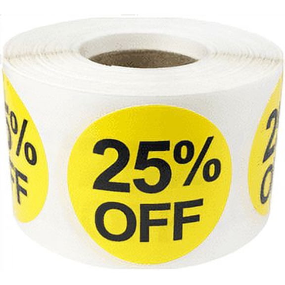 Yellow 25% Percent Off Stickers for Retail, 1.5 Inch Round, 500 Labels on a Roll
