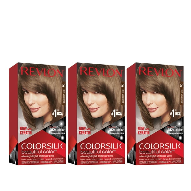 Revlon Colorsilk Beautiful Color Permanent Hair Dye, Dark Brown, At-Home  Full Coverage Application Kit, 50 Light Ash Brown, 3 Pack 