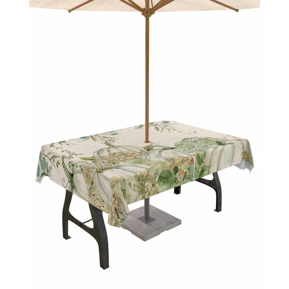 Boanket Outdoor Tablecloth with Umbrella Hole for Patio/Picnic/Party/Camping, Fall Sage Green Pumpkins Waterproof Table Cloth Rectangle Table Cover Washable, Thanksgiving Maple Leaf Rustic (52"x 70")