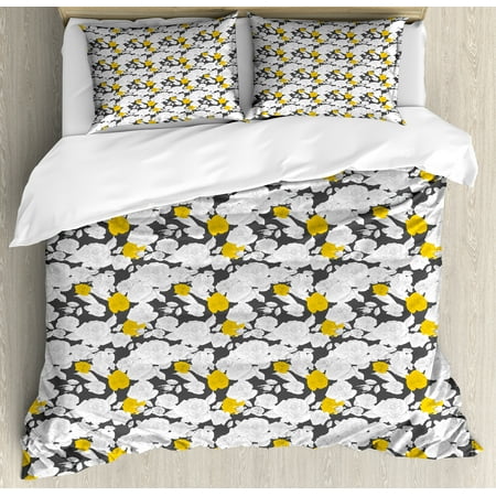 Grey And Yellow Duvet Cover Rose Duvet Cover Set, Hand Drawn Style Retro Romantic Blossoms in Yellow and White Tones, Decorative Bedding Set with Pillow Shams, Charcoal Grey Yellow White, by Ambesonne ()