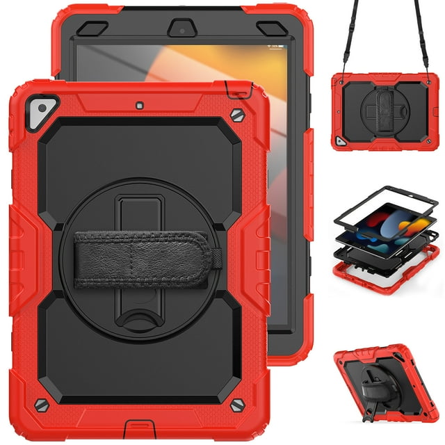 Case for iPad Air 3rd Generation 2019/iPad Pro 10.5 Inch 2017 with Screen Protector, 360 Degree Rotating Kickstand Hand Strap Heavy Duty Shockproof Cover with Shoulder Strap, Red