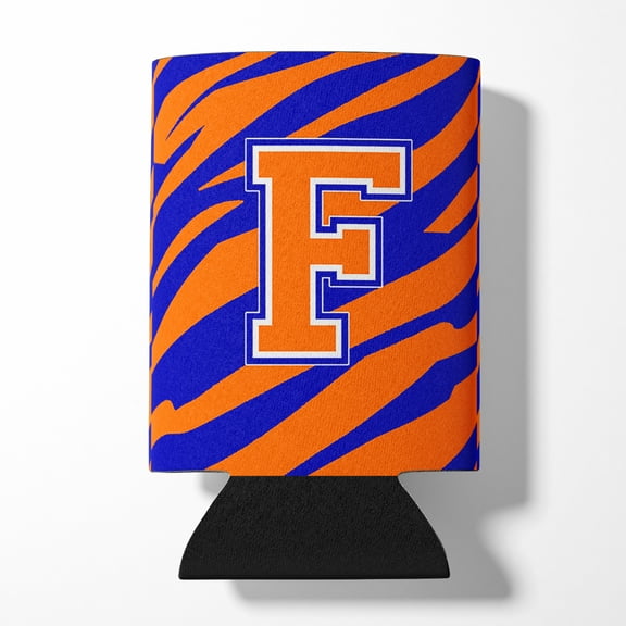 Letter F Initial Tiger Stripe - Blue Orange  Can or Bottle Hugger