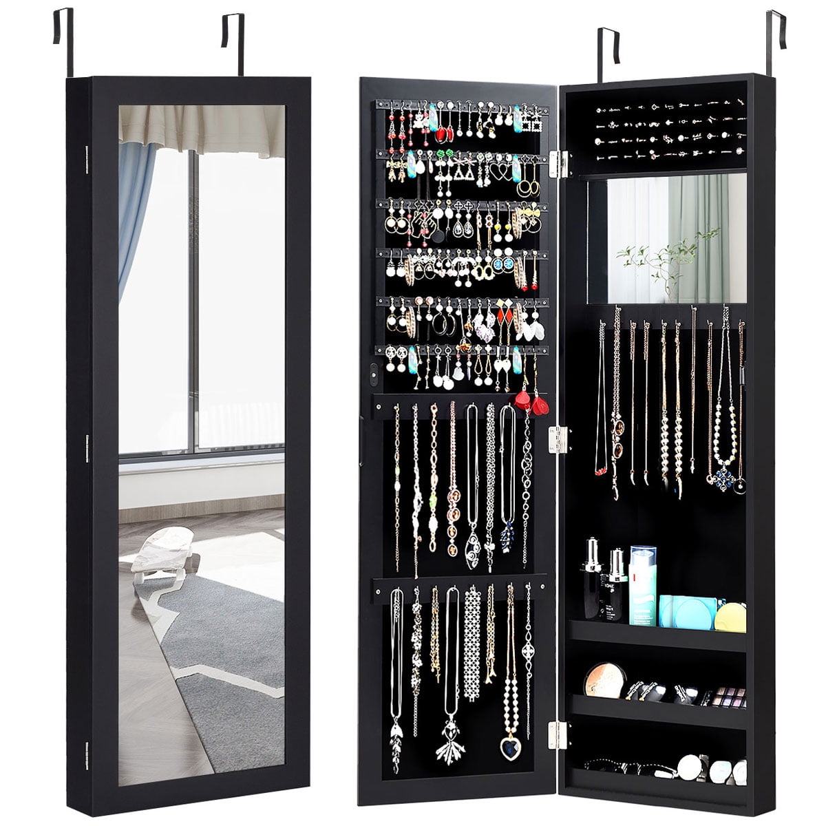 Door Wall Mount Touch Screen Mirrored Jewelry Cabinet Necklace Holder Organizers 