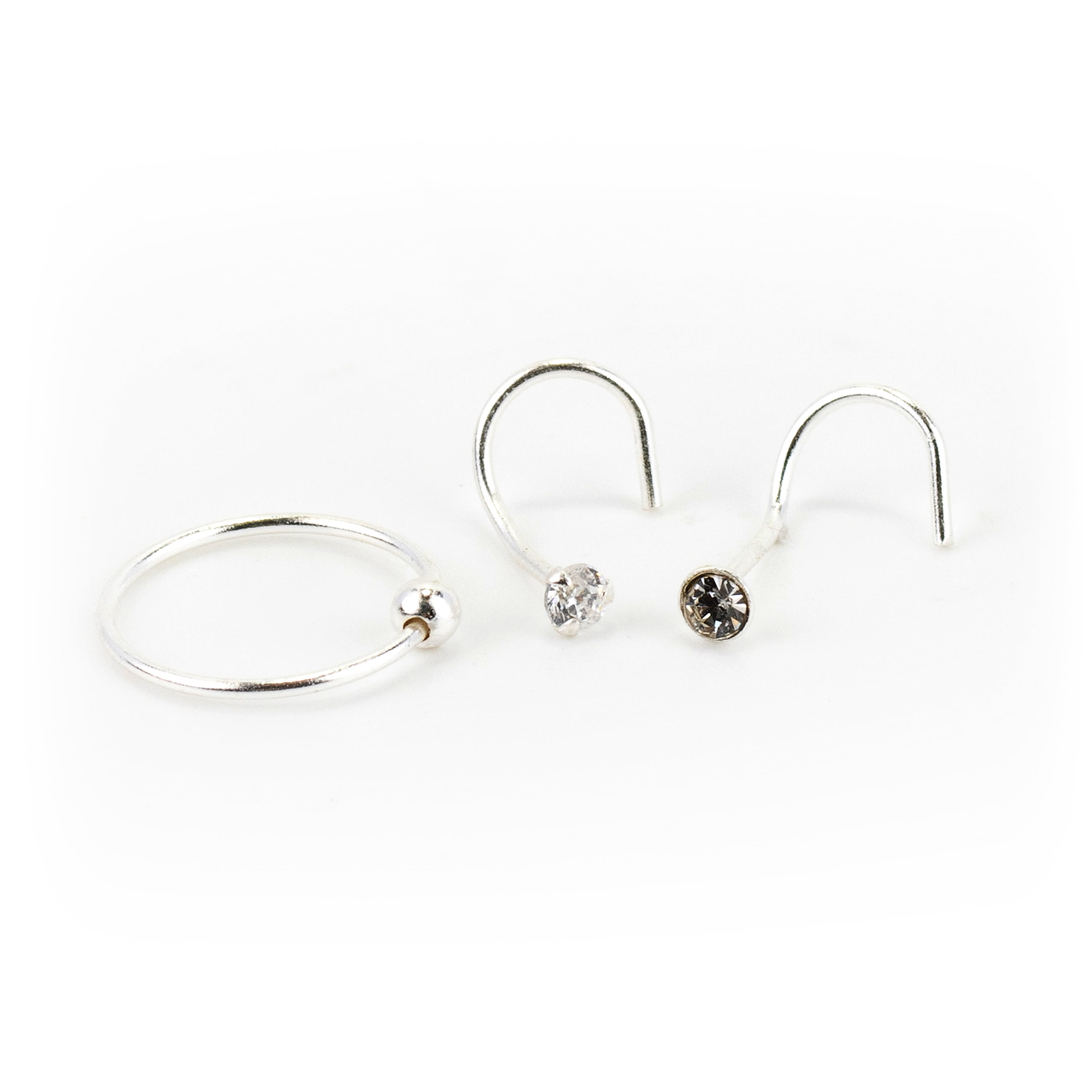 Claire's Women's Sterling Silver 22G Ball and Crystal Nose Rings, Bar and Screw Closure, 3 Pack, 53861