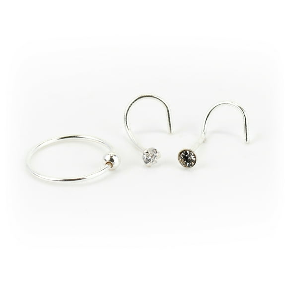 Claire's Teen and Adult Woman Sterling Silver 22G Ball and Crystal Nose Rings, 3 Pack
