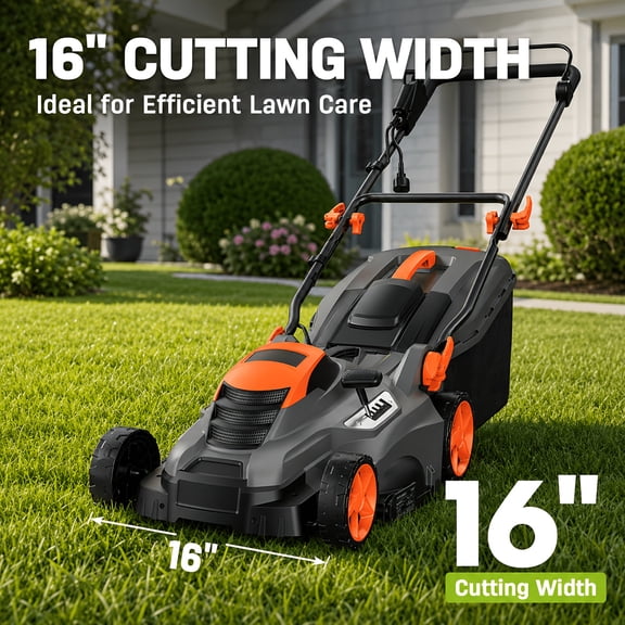 16" Corded Electric Walk-Behind Push Lawn Mower, 13 Amp Plug & Play Lawn Mower with 12 Gallon Grass Bag, 3100RPM 2-in-1 Mulching & Bagging, 5-Position Height Adjustment, Quick Fold Design