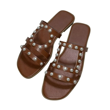 

Holiday Savings Deals! Kukoosong Flat Sandals for Women Summer New Fashion Solid Color Pearl Decoration Slippers Flat Women s Sandals Brown 39