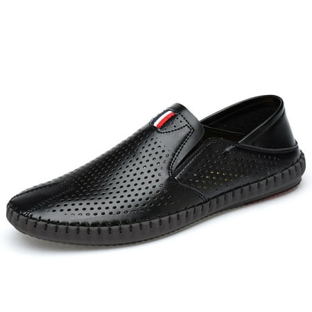 Men s leather hollowed out breathable loafers  fashionable round toe soft soled flat sandals  formal business casual comfortable work shoes