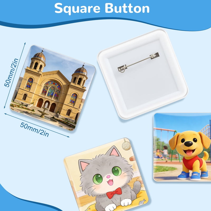 Square Button Maker Machine with 100 Sets of Button Supplies Parts, 50 * 50mm Hand Press Pin Badge Making DIY Craft Items, Light Blue
