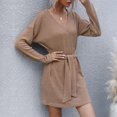 thumbnail image 3 of Vestido De Suéter De Punto, Vestido De Suéter De Mujer De Otoño Con Cuello En V De Color Puro, Cintura De Corbata De Manga Larga Para El Día A Día ANGGREK Otros, 3 of 7