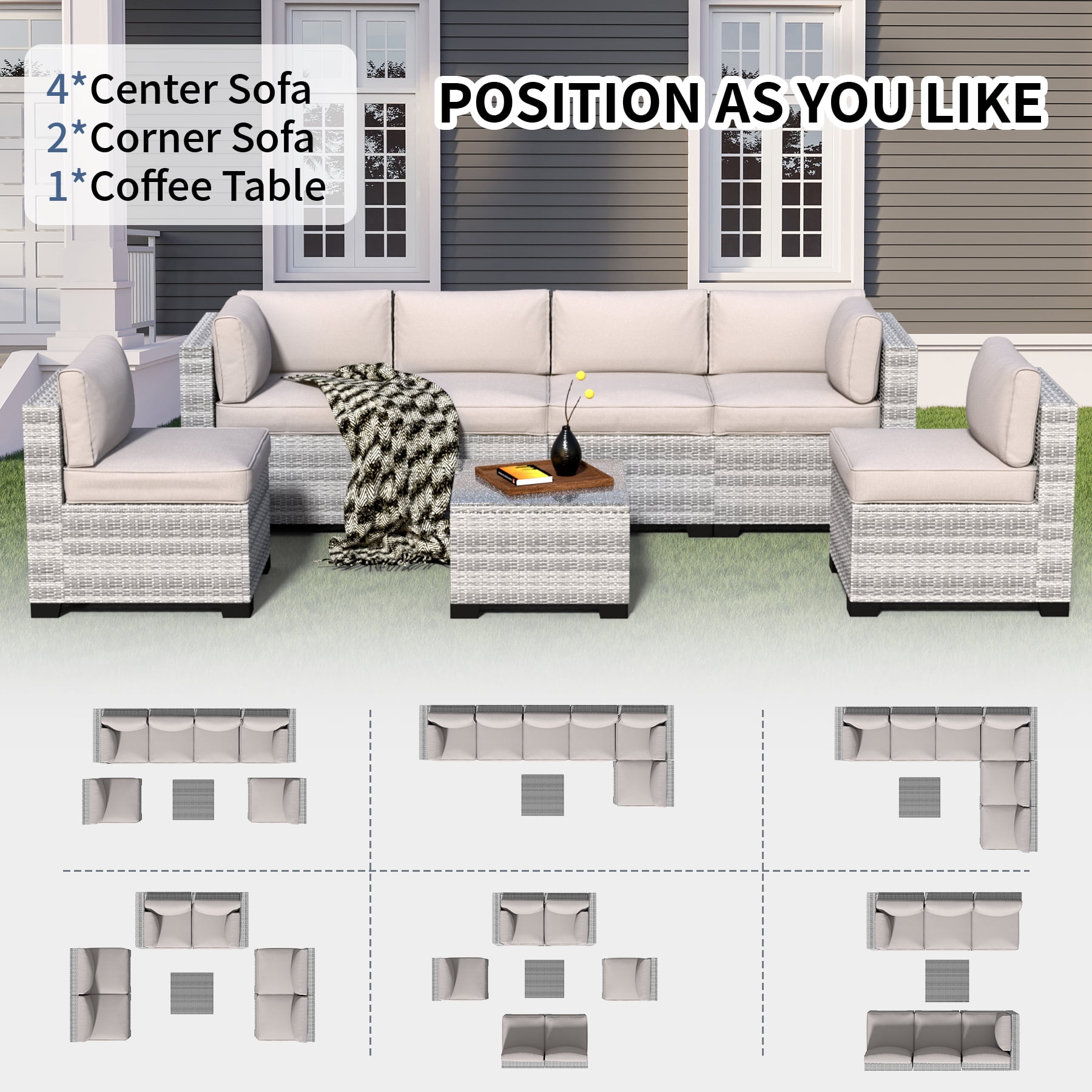 7-Piece Outdoor Sectional Patio Furniture Set, All-Weather Wicker Rattan Sofa with Thick Washable Cushions & Tempered Glass Table, Perfect for Garden, Poolside, Backyard (Dusty Gray)