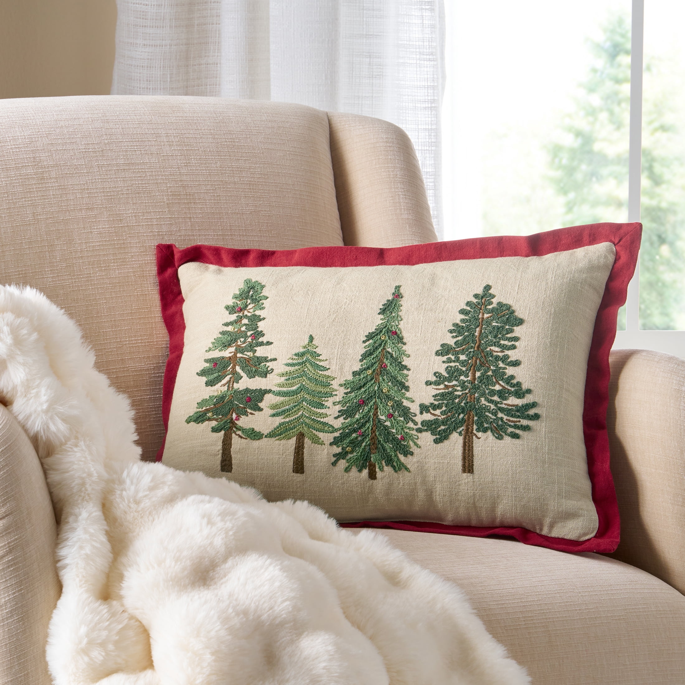 Better Homes & Gardens Embroidered 14x20 Holiday Trees Throw Pillow, Red