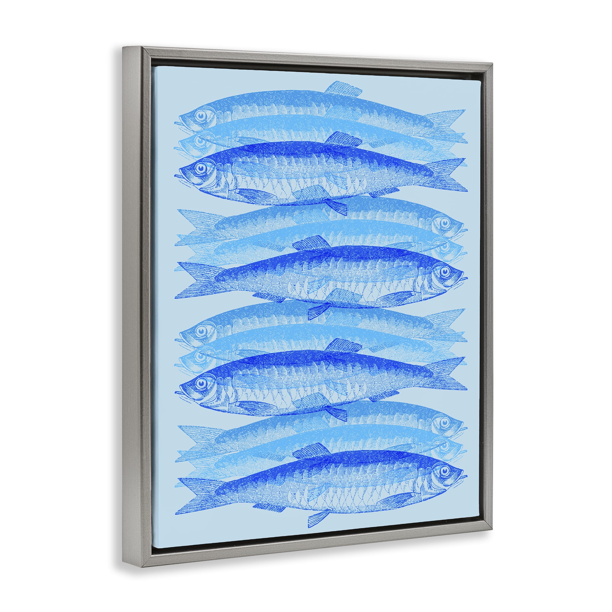 Stupell Industries Blue Layered Fish Animals & Insects Painting Gray Floater Framed Canvas Art Print Wall Art, 25 x 31