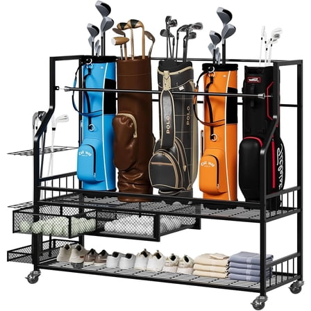 Garvee Golf Bag Storage Organizer 57.5 x 15.7 x 44.5", for 5 Golf Bags Stand, with 4 Wheels, Black