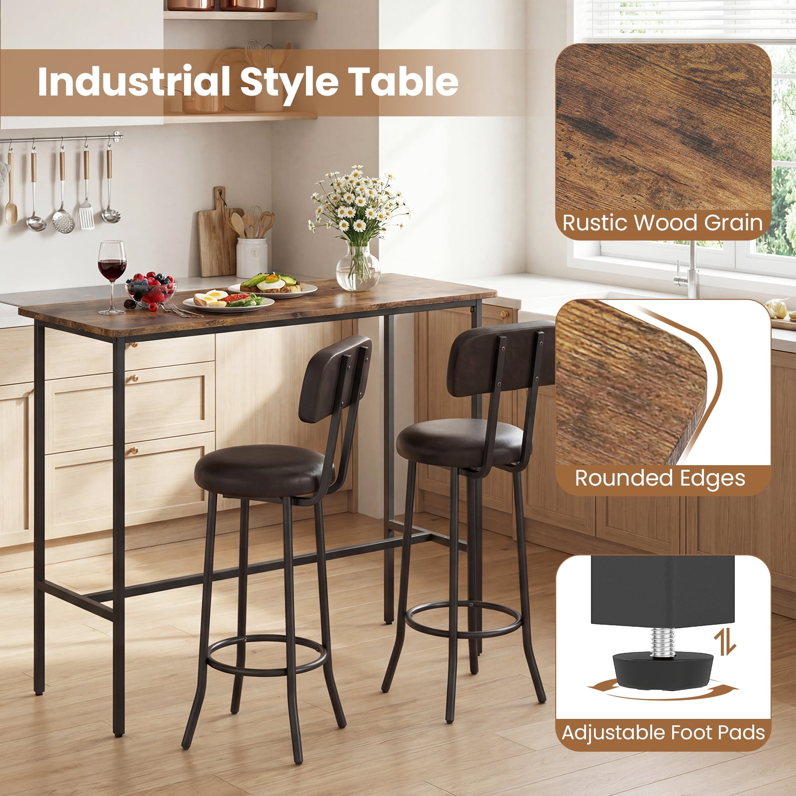 Gymax Industrial Bar Table Set Space-Saving Pub Table & Stools Set for Dining Room