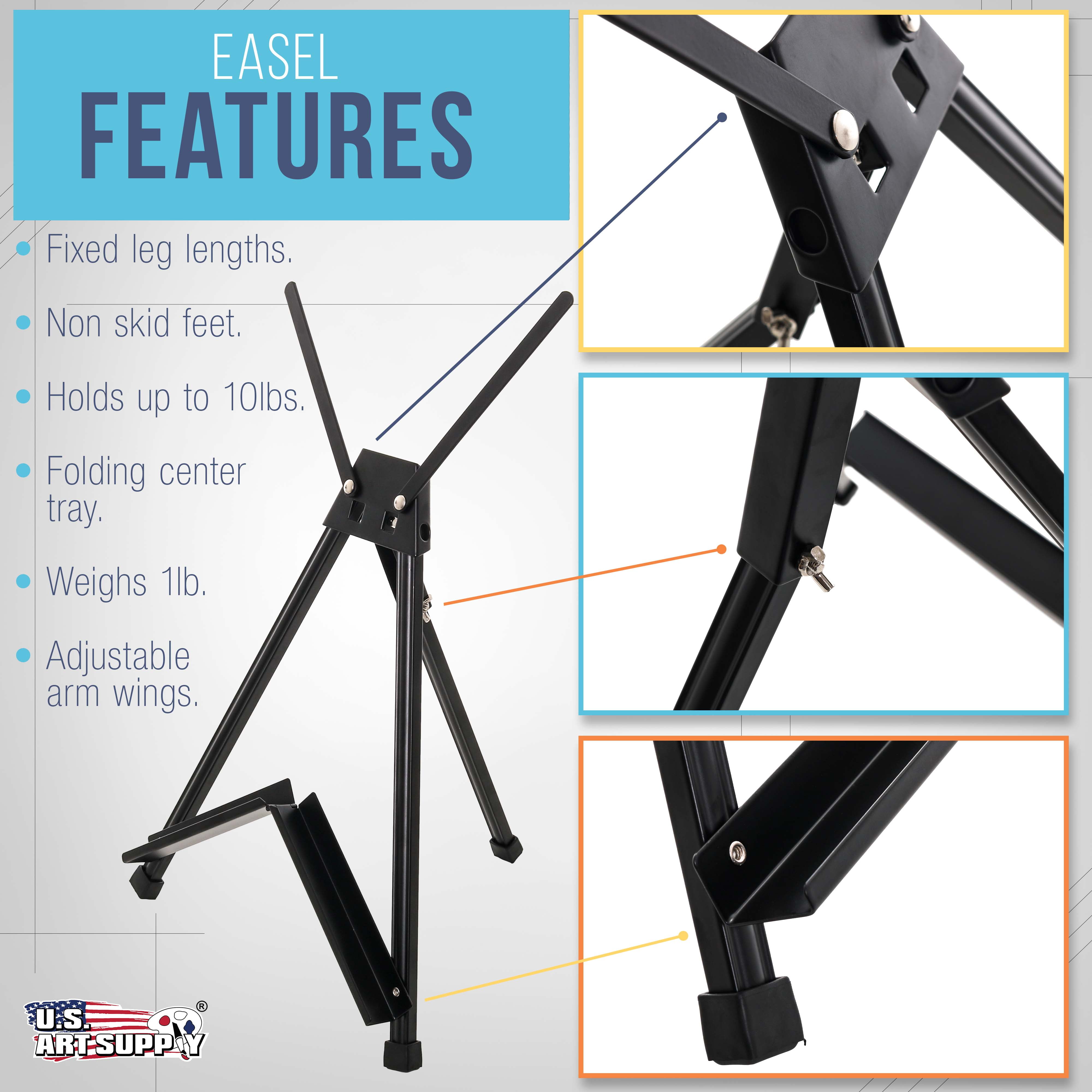 U.S. Art Supply 15" to 21" Adjustable Black Aluminum Tabletop Display Easel (Pack of 3) - Artist Tripod Stand with Wings