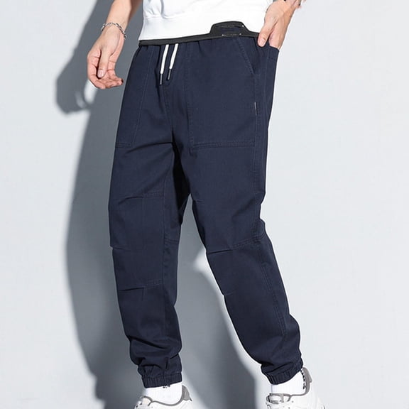 Ceisia Men's Solid Color Cotton Vintage Cargo Pants with Elastic Waist Loose Fit Multi-Pocket Casual Trousers Blue Gifts for Father 3X