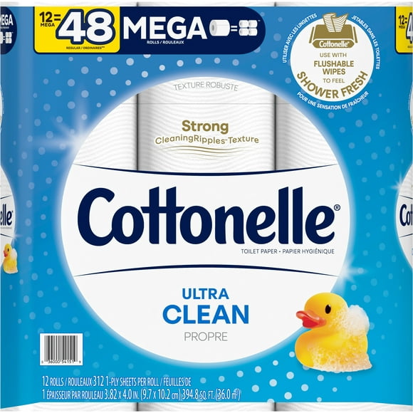 Cottonelle Papier Toilette Ultra Propre, Papier Hygiénique Robuste, 12 Méga Rouleaux (Soit 48 Rouleaux Réguliers)